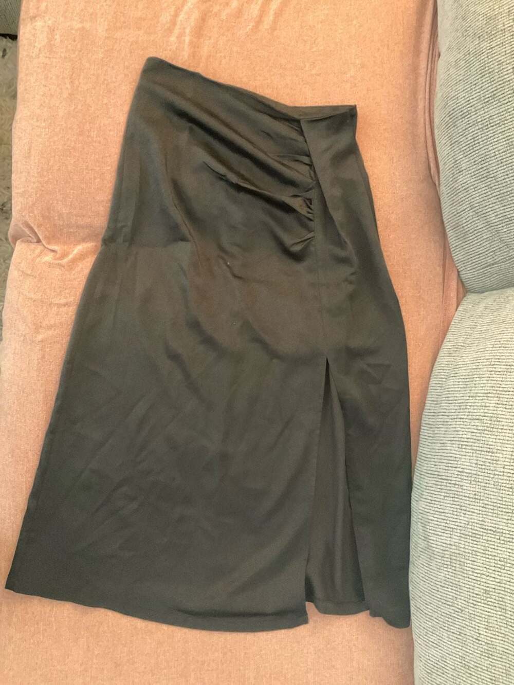 SHEIN Satin Ruched Side Slit Midi Skirt in Black